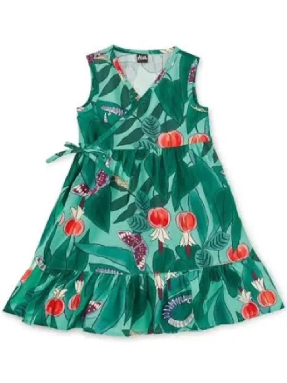 Tea Collection Green Tropical Wrap Dress with Fruit Motif